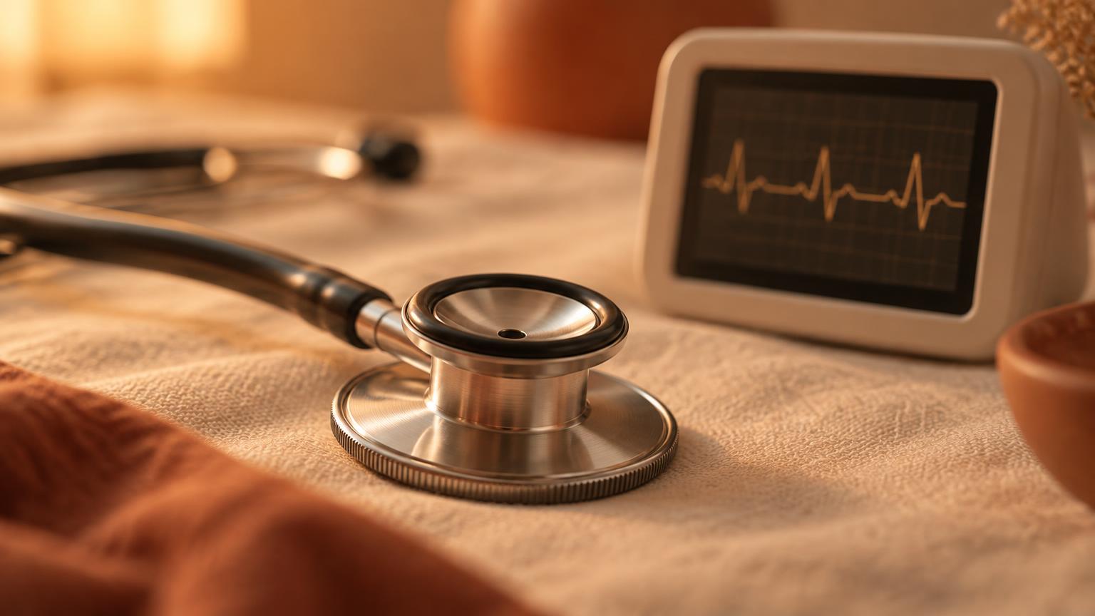 A steel stethoscope chest piece beside a small heart-rhythm monitor