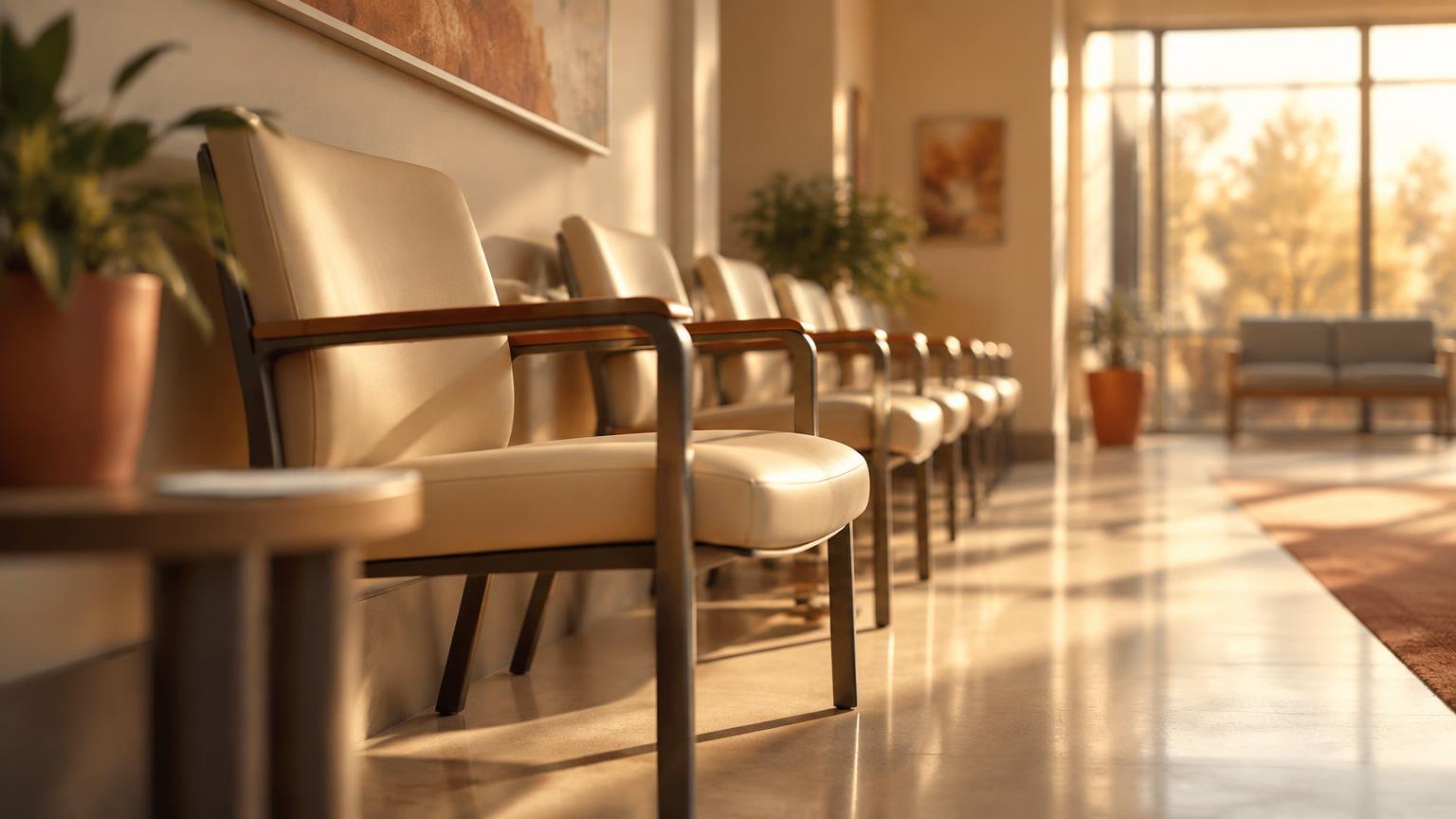 A row of empty chairs in a sunlit hospital waiting area