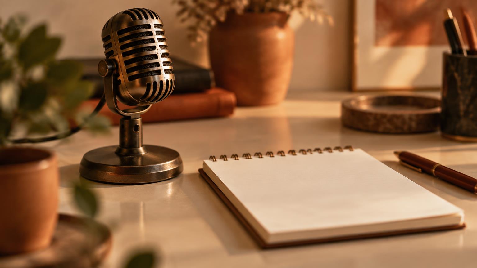 A vintage microphone beside a blank notepad on a desk