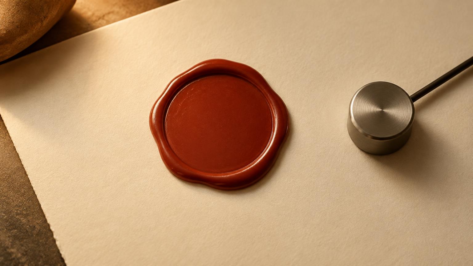 A plain wax seal on blank paper beside a steel sensor