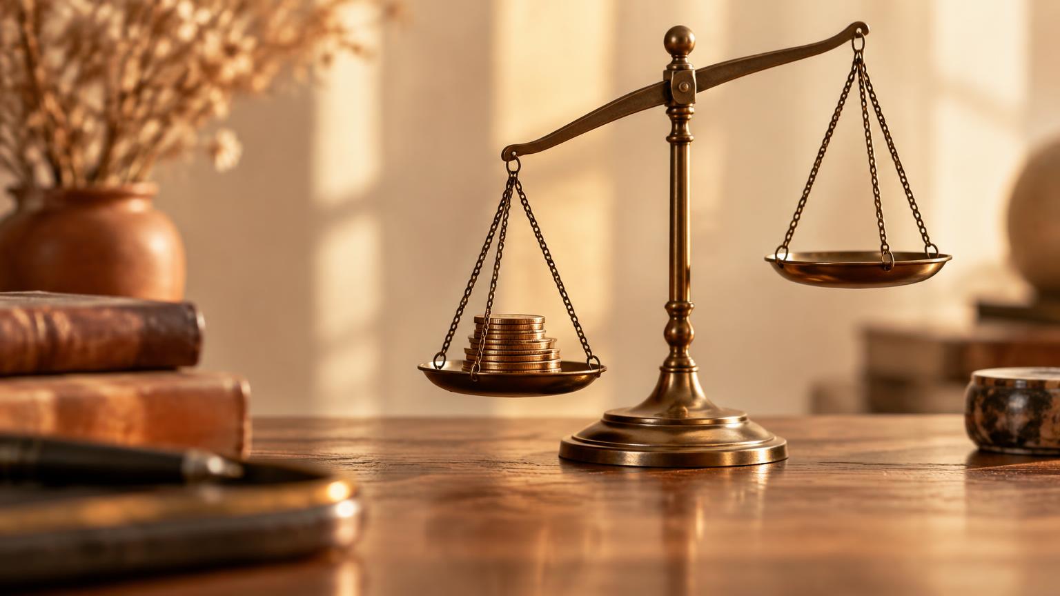 A brass balance scale holding a stack of coins
