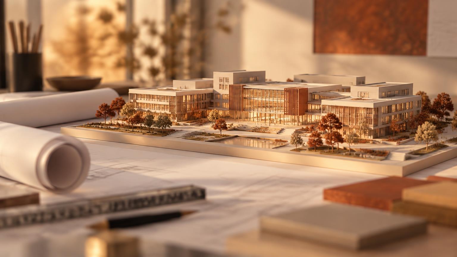 An architectural model of a life-sciences campus beside rolled blueprints