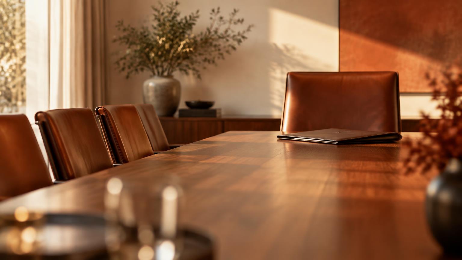 An empty boardroom table with a closed folder