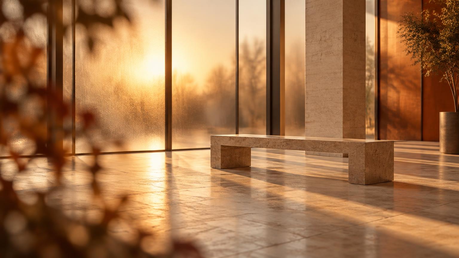 An empty glass atrium with a stone bench at golden hour