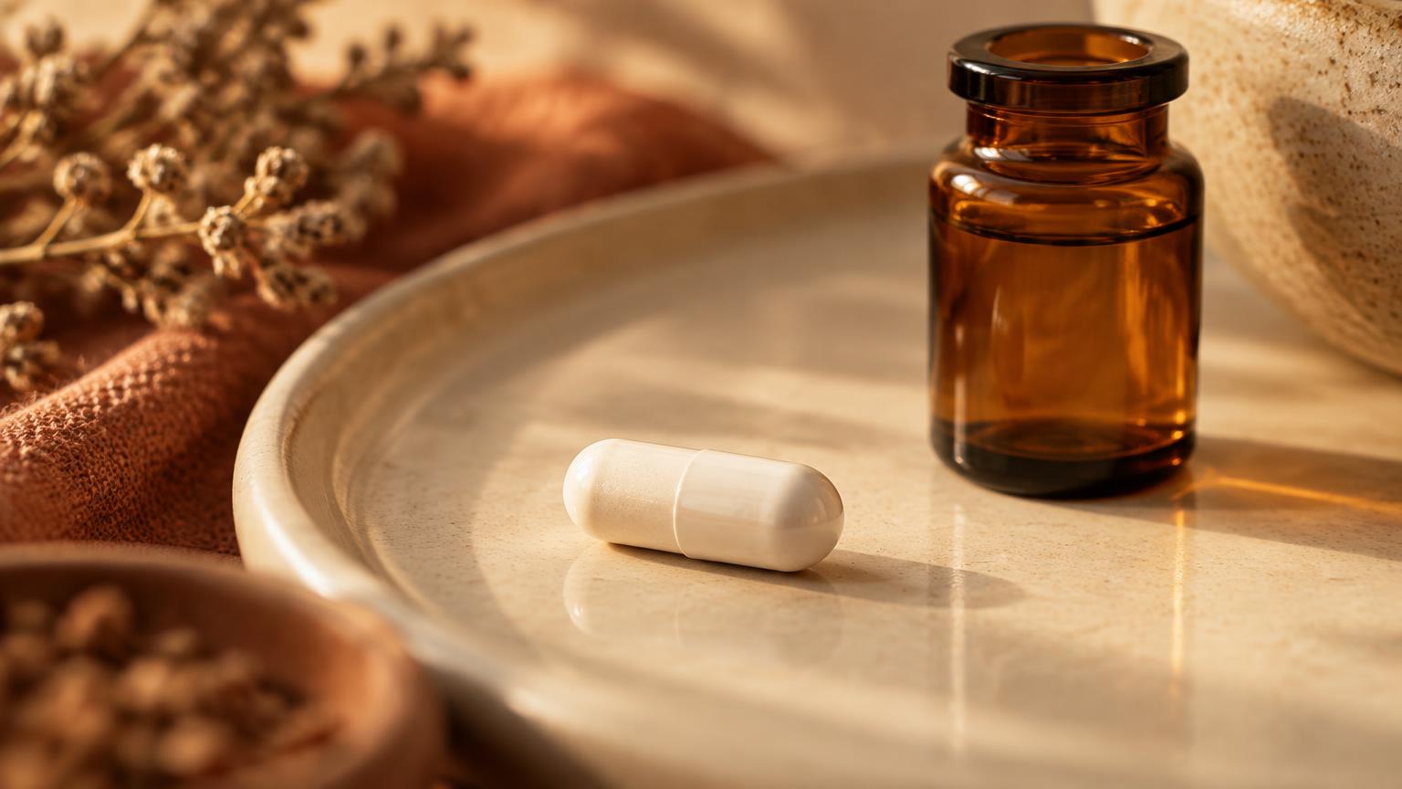 A white capsule on a ceramic plate beside an amber vial