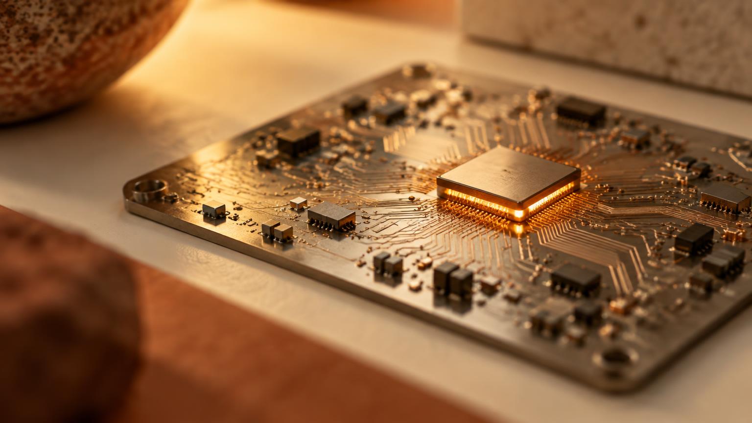 A circuit board with a single glowing chip