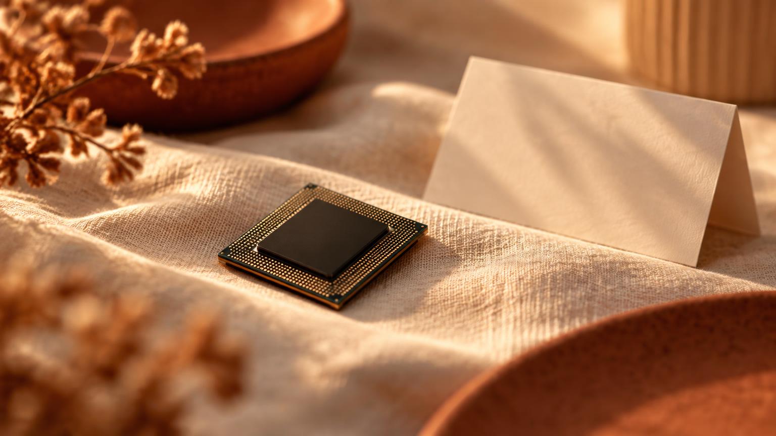 A processor chip on linen beside a folded blank card