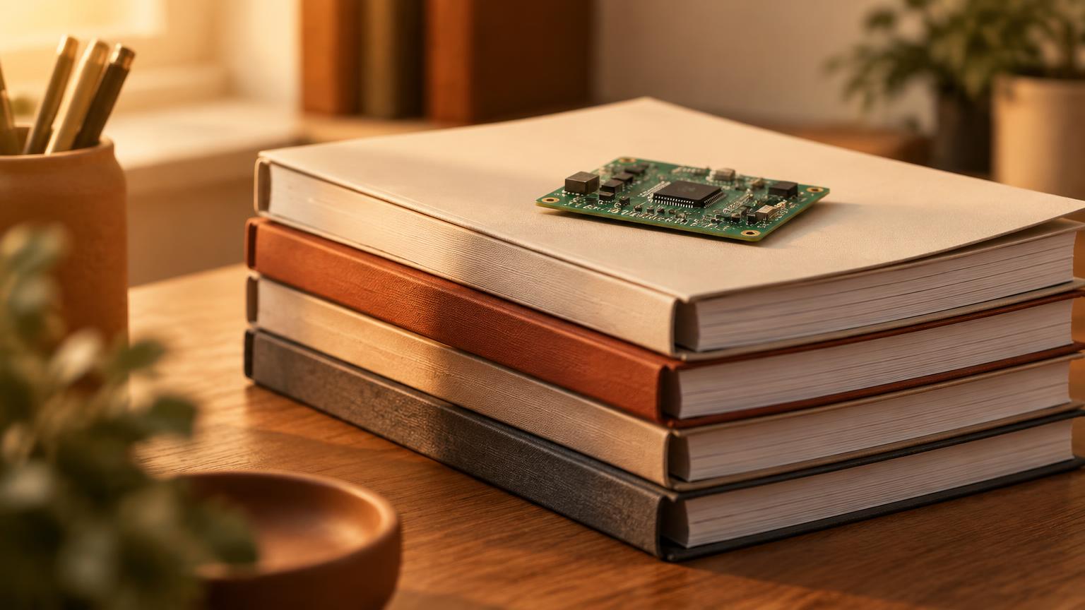 A circuit board resting on a stack of bound documents
