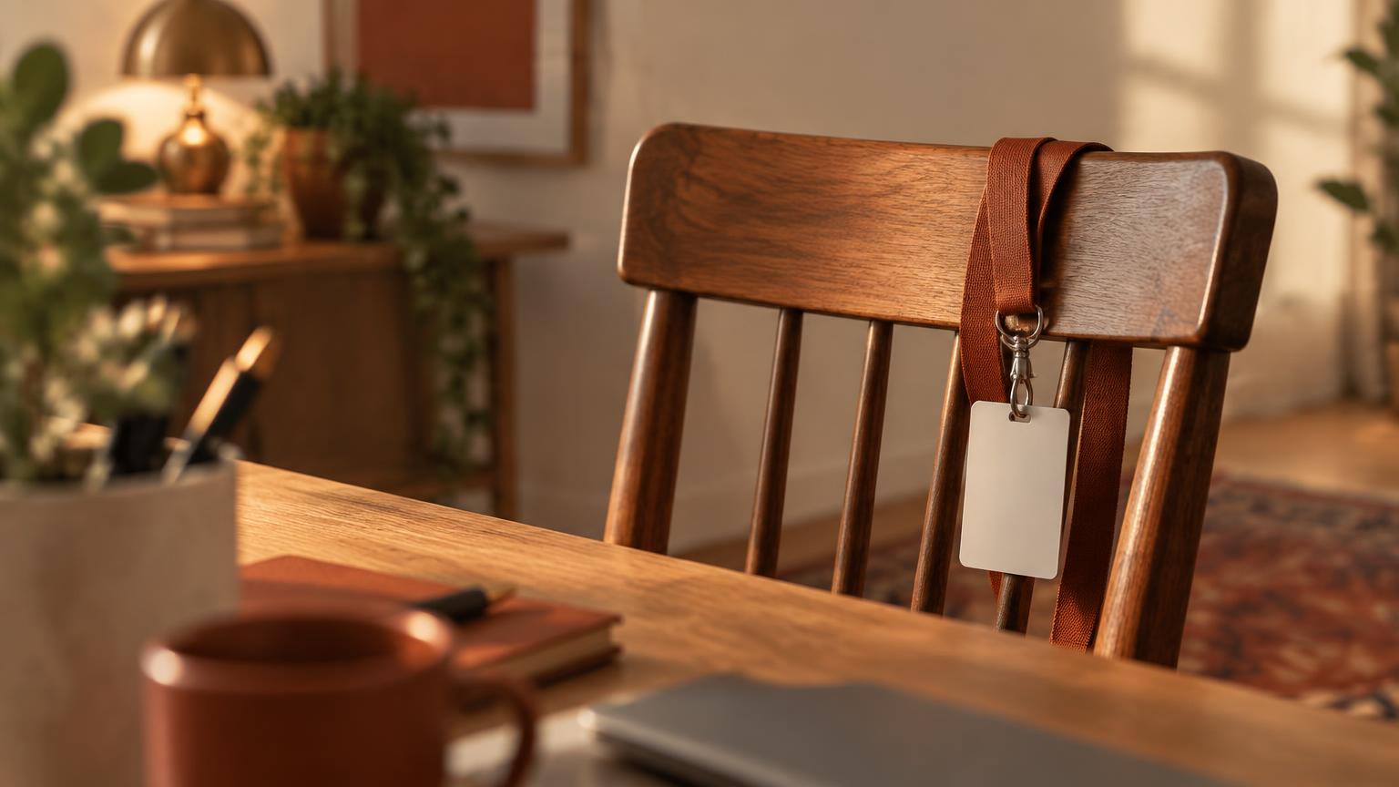 A lanyard with a blank card hanging on an empty desk chair