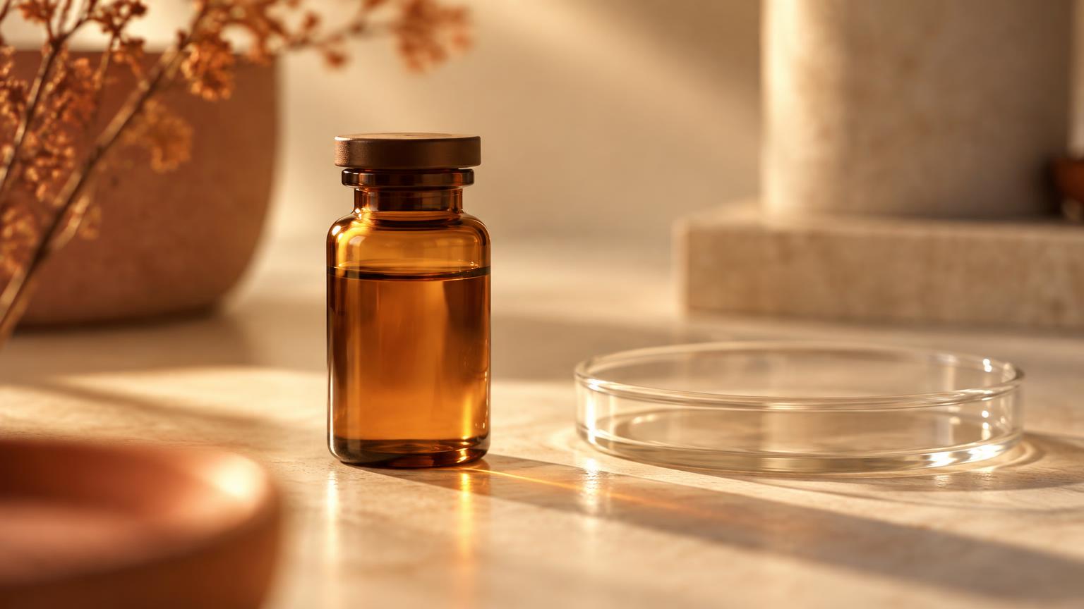 An amber vial beside an empty glass petri dish