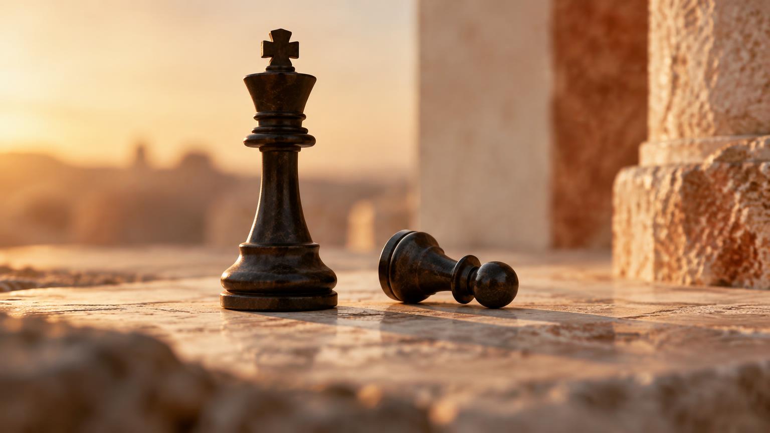 A chess king standing beside a fallen pawn on stone