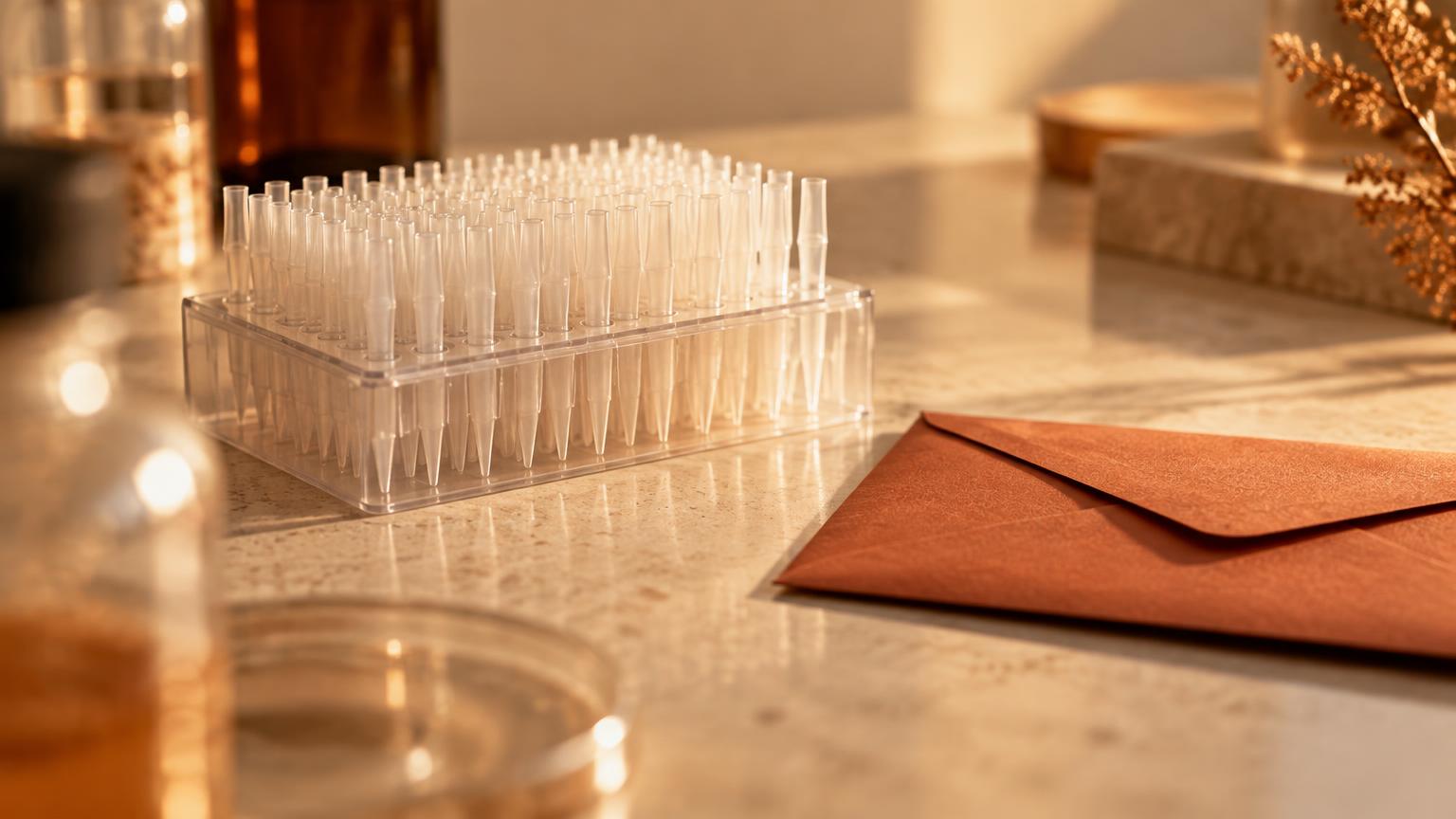 A rack of pipette tips beside a sealed rust envelope