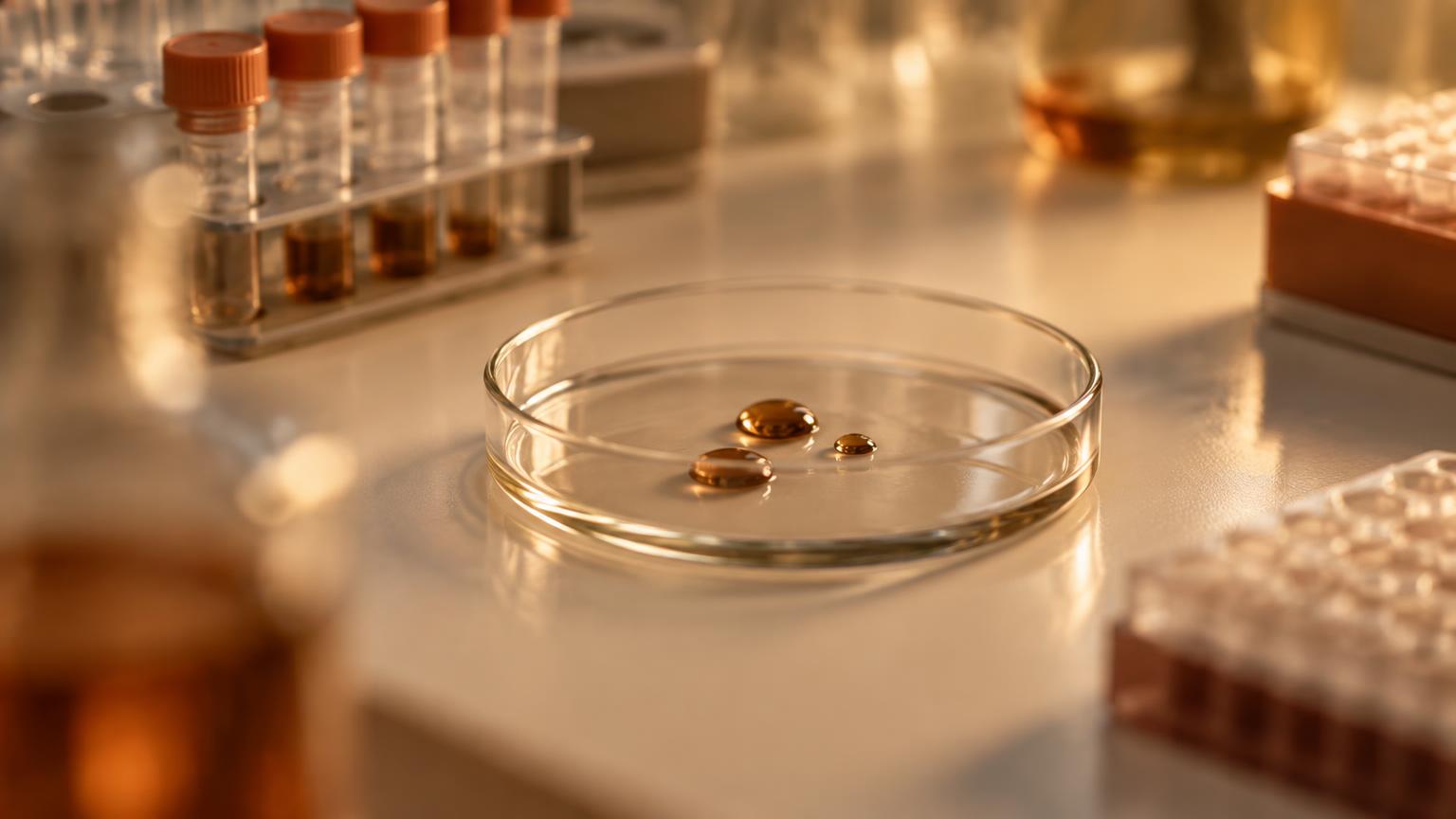 A petri dish with amber droplets beside sample tubes